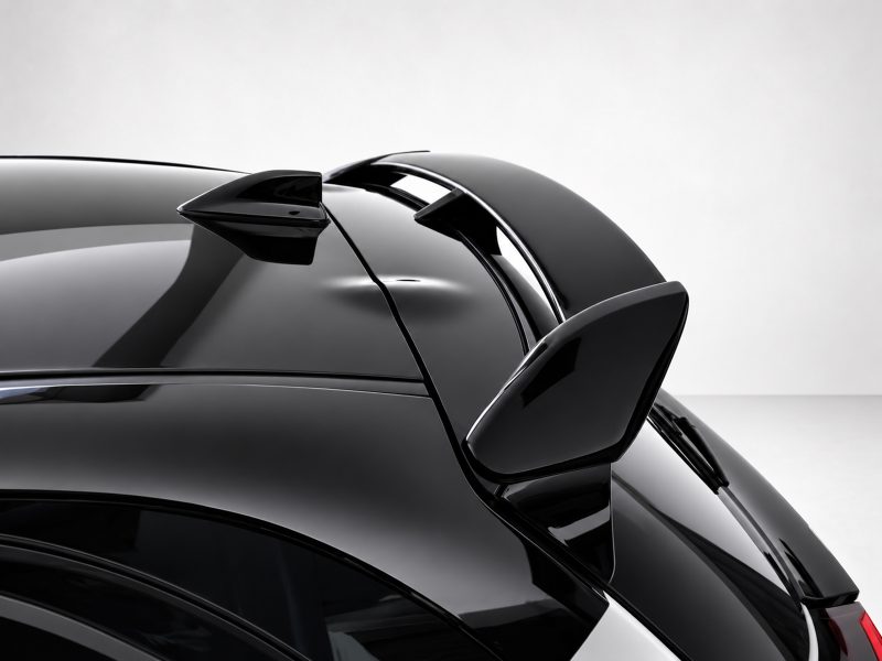 A-541_4jpg - OPSHOLDERS Close-up of a sleek black car rear with a spoiler and glossy curved bodywork.
