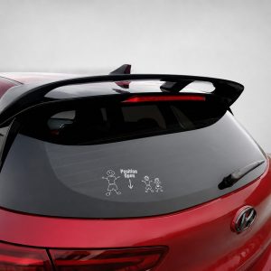 Rear view of a red hatchback showing a spoiler and a windshield decal that reads 'Position Open' with simple stick-figure illustrations indicating opening position.