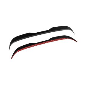 Two sleek black curved shapes with a red patterned underside, arranged diagonally on a white background (abstract, wing-like forms).