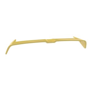 Yellow plastic eyeglass frame (lacks lenses) shown from the side with temple arms extended