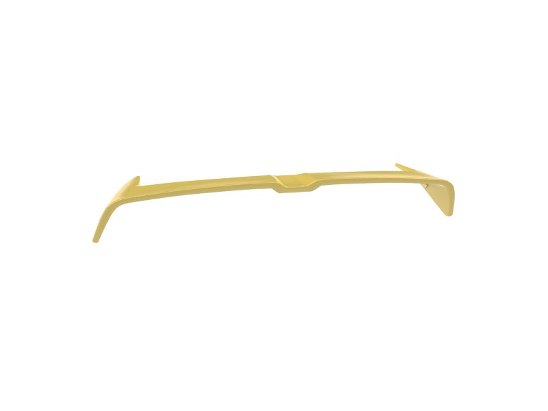 Yellow plastic eyeglass frame (lacks lenses) shown from the side with temple arms extended