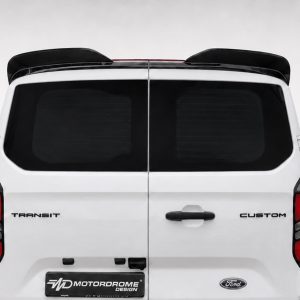 Rear view of a white Ford Transit Custom van with dark rear windows and a spoiler above the back doors.