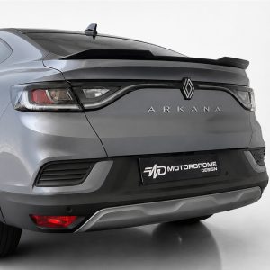 Rear view of a silver Renault Arkana SUV, showing taillights, rear spoiler, and ARKANA lettering with a Motordrome Design plate