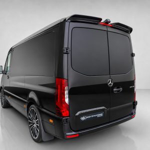 Black Mercedes-Benz cargo van seen from the rear-right, showing its dual rear doors, taillights, and large alloy wheels.