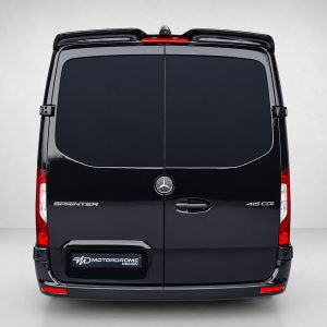 Rear view of a black Mercedes Sprinter van with split rear doors and red taillights