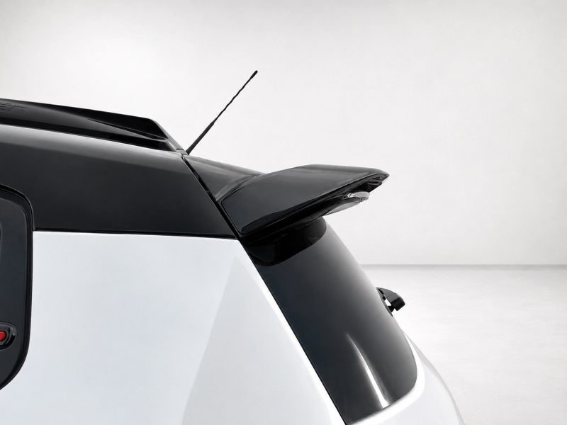 Rear view of a white car showing a black roof spoiler and antenna against a pale background