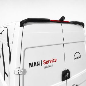 Rear view of a white MAN service van with branding and closed rear doors; side reads 'MAN | Service Mobile24' with MAN logo nearby.