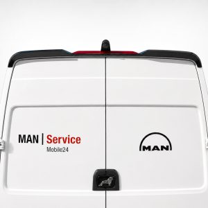 A-561_4jpg - OPSHOLDERS Rear view of a white MAN service van with 'MAN Service Mobile24' branding and a small rooftop camera on top