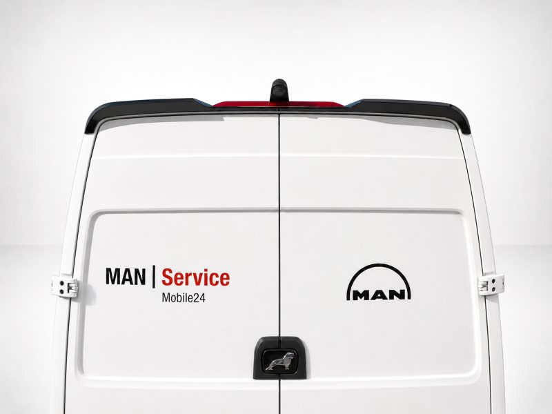 A-561_4jpg - OPSHOLDERS Rear view of a white MAN service van with 'MAN Service Mobile24' branding and a small rooftop camera on top