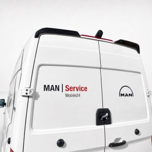 White MAN service van rear with 'MAN Service Mobile24' logo and back doors closed, emergency service branding visible