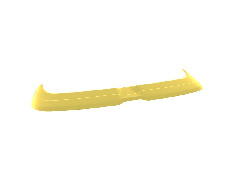 Yellow boomerang lying on a white background, curved with tapered ends.