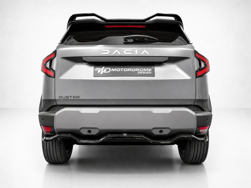 Rear view of a silver Dacia Duster SUV with bold taillights, roof rails, and a Motordrome Design plate on the tailgate.