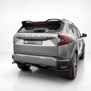 Rear three-quarter view of a silver SUV with roof rails and dark tail lights in a white studio setting, showing a Motordrome Design plate on the tailgate