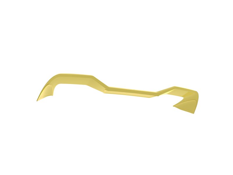 Gold-colored, futuristic-looking sunglasses frame with curved arms and wing-like ends, without lenses.
