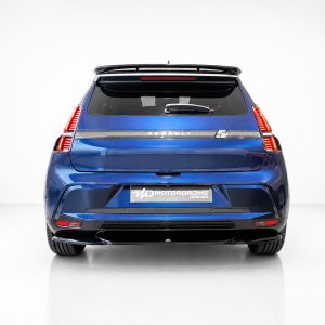 Blue SUV rear view in a studio, with vertical LED taillights, rear spoiler, and a MOTORDROME DESIGN plate across the tailgate.