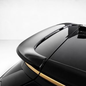 Close-up of a glossy black car roof with a rear spoiler and gold trim along the side.