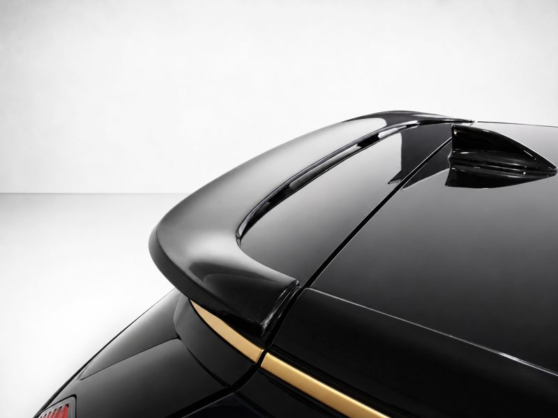 Close-up of a glossy black car roof with a rear spoiler and gold trim along the side.