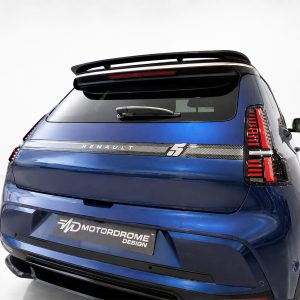 Rear view of a blue Renault SUV with a large rear spoiler and vertical red taillights.