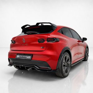 Red Renault Clio hatchback shown from a rear three-quarter angle in a bright studio setting, highlighting the tail lights and rear spoiler.