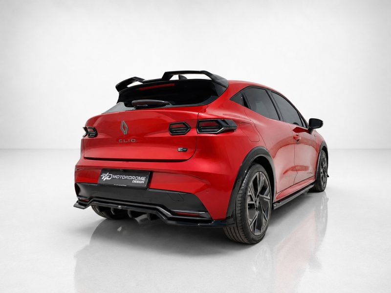 Red Renault Clio hatchback shown from a rear three-quarter angle in a bright studio setting, highlighting the tail lights and rear spoiler.