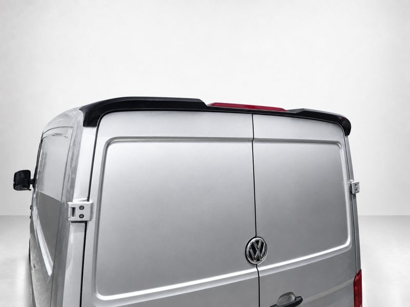 A-575_5jpg - OPSHOLDERS Rear of a silver Volkswagen van with double rear doors, black roof spoiler, and a red high-mounted brake light above the doors. The VW emblem is visible on the tail gate.