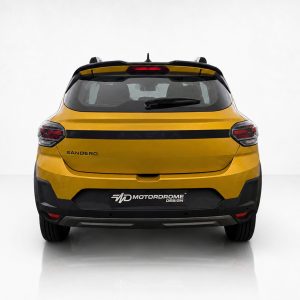 A-579_3jpg - OPSHOLDERS Rear view of a yellow Sandero SUV with a black horizontal stripe and visible tail lights, parked indoors.
