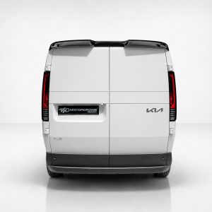 Rear view of a white cargo van with two back doors, featuring a Motordrome Design plate on the left and a Kia badge on the right.