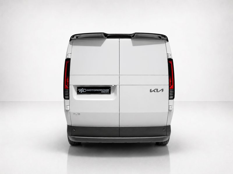 Rear view of a white cargo van with two back doors, featuring a Motordrome Design plate on the left and a Kia badge on the right.