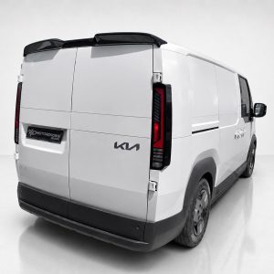 Rear three-quarter view of a white cargo van with Kia badge, shown in a bright studio backdrop.