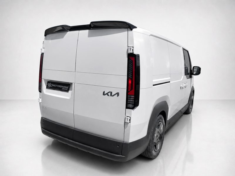 Rear three-quarter view of a white cargo van with Kia badge, shown in a bright studio backdrop.