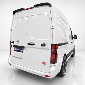 White cargo van viewed from the rear-right, showing back doors, tail lights, and branding (Interstar) in a studio setting.