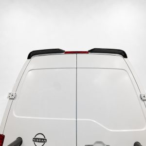 White Nissan van rear view with split doors and red brake light bar on top edge against a light gray background