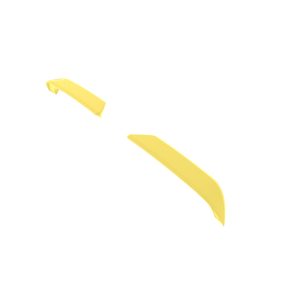 Two yellow curved plastic pieces floating in a white background, abstract and minimal.