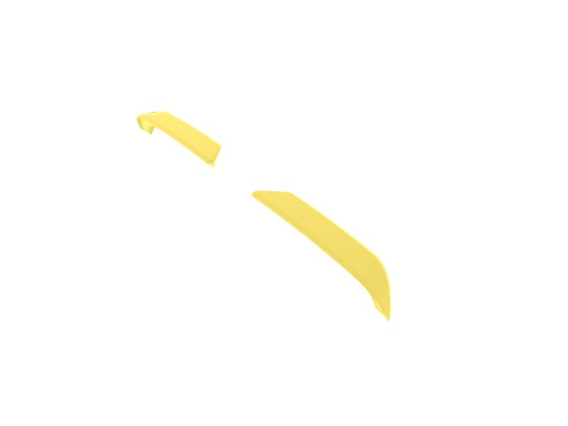Two yellow curved plastic pieces floating in a white background, abstract and minimal.