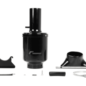 Disassembled black electric motor with housing and assorted mounting parts on white background.