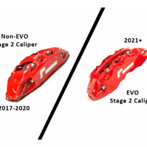 Comparison of red Stage 2 brake calipers: Non-EVO (2017–2020) left and EVO (2021+) right.