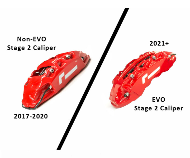 Comparison of red Stage 2 brake calipers: Non-EVO (2017–2020) left and EVO (2021+) right.