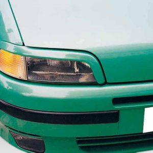 Close-up of a green car's front left corner, showing the headlight, bumper, and part of the license plate area.