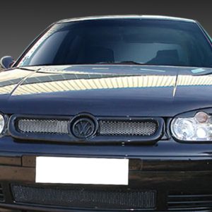 Front view of a black Buick sedan facing the camera, showing the grille, emblem, and headlights with a white license plate in the bumper area.