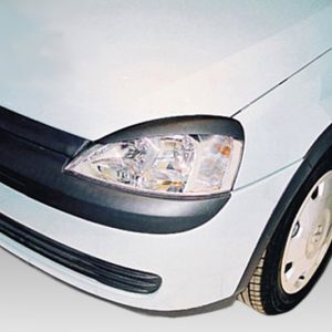 Front-left corner of a light blue Opel van, showing the headlight, grille with Opel logo, and part of the front bumper on a gray background.