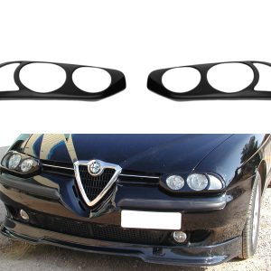 Pair of black car headlight surrounds displayed above a front-end view of a dark blue Alfa Romeo car.
