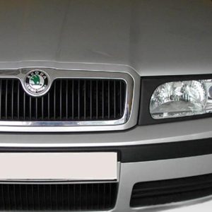 Front view of a silver Skoda car, showing the grille with logo and right headlight.