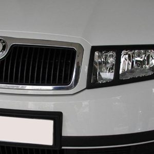 Front view of a white Skoda van showing the grille, logo, and right headlight assembly.