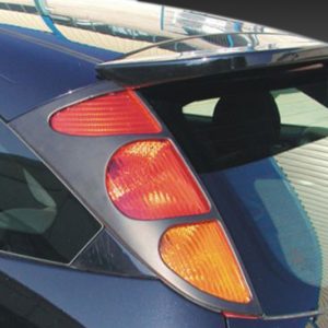 Blue hatchback car rear with stacked red and orange taillights and rear window paneling