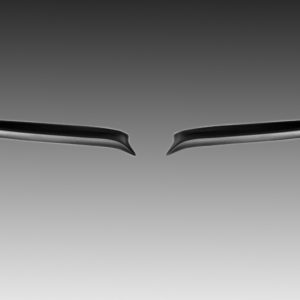 Two dark curved shapes resembling stylized eyebrows against a gray gradient background in the center of the image, facing inward.
