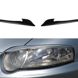 Two black car spoiler fins on a white background while the image’s lower portion shows a blue car’s headlight and front bumper.