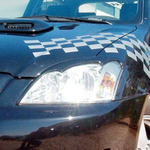 Front end of a dark blue patrol car with white checkered pattern across the hood and a visible headlight.