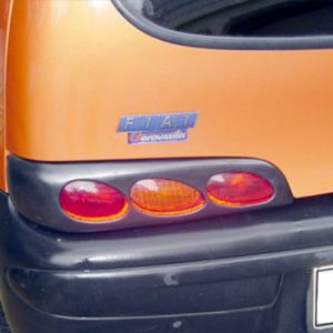 Rear of an orange Fiat car showing taillights and a Fiat badge on the back panel.