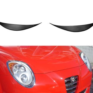 Two black curved shapes like closed eyes above the front of a red car (Alfa Romeo) with visible headlights and grille in the lower portion of the image.