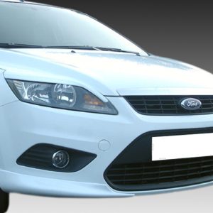 Front-left view of a white Ford sedan, showing the grille, headlight, fog light, and license plate area against a gray gradient background.